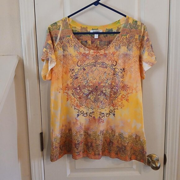 Vintage Y2K butterfly print short sleeve top rhinestone bling accents size XL - Picture 2 of 5